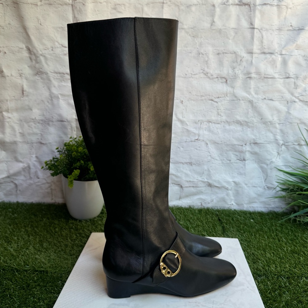 TORY BURCH Sofia Black Leather Knee-High Tall Wedge Boots Size 5 Riding boots - Picture 8 of 11